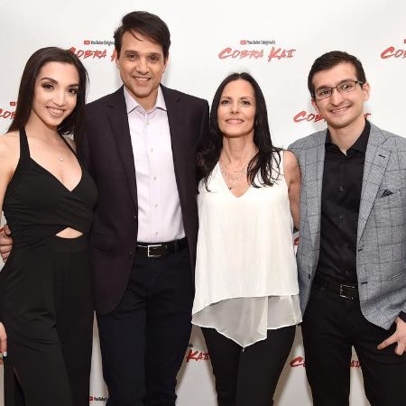 Phyllis Fierro and Ralph Macchio attended the Cobra Kai Launch Event with their children.